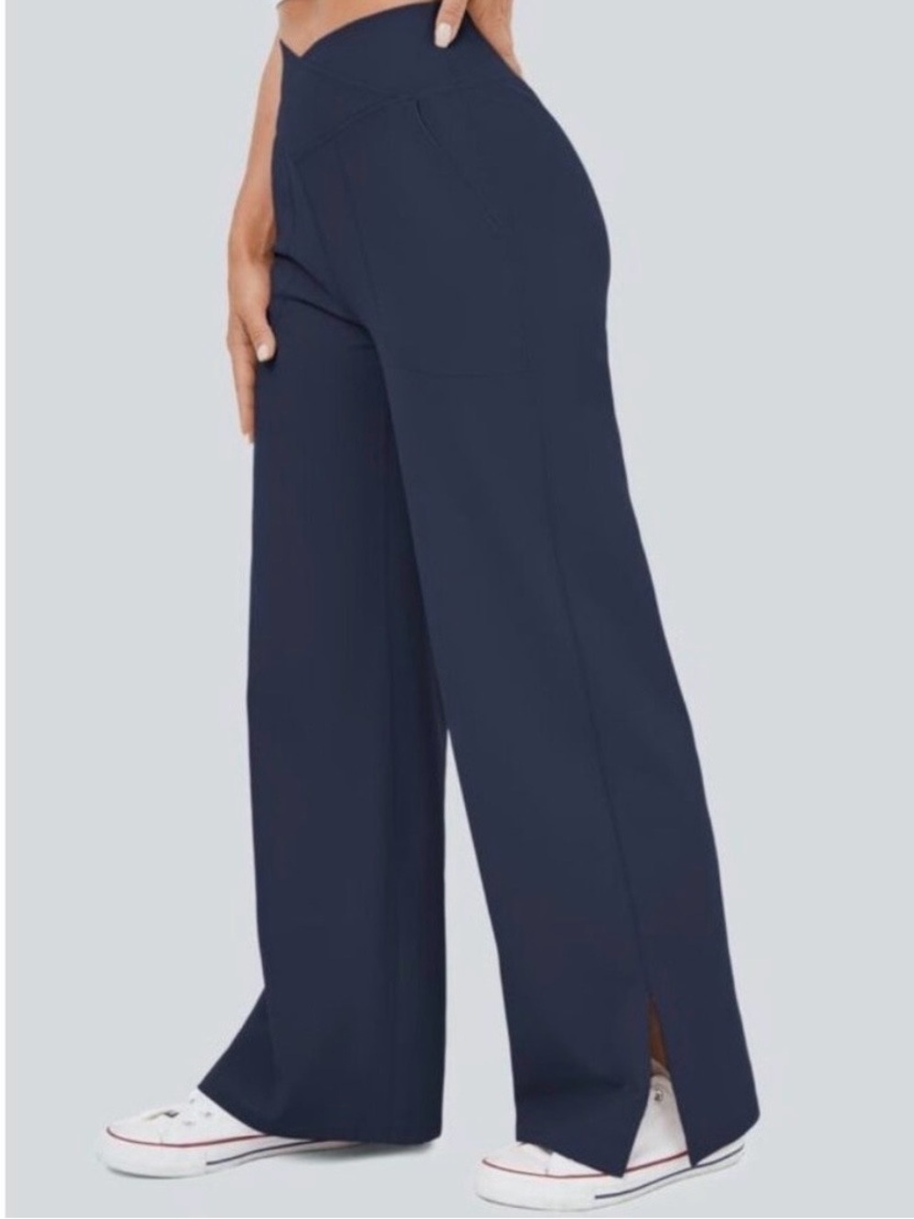HALARA Navy Wide-Leg Active Pull-On Pants with Side Slits Size: XL